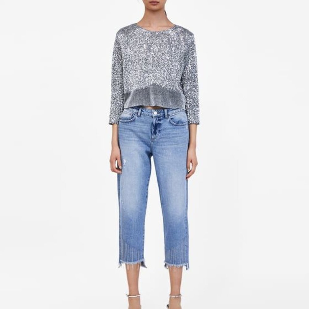 Zara light wash distressed "sparkle" denim, 4 - Picture 1 of 9